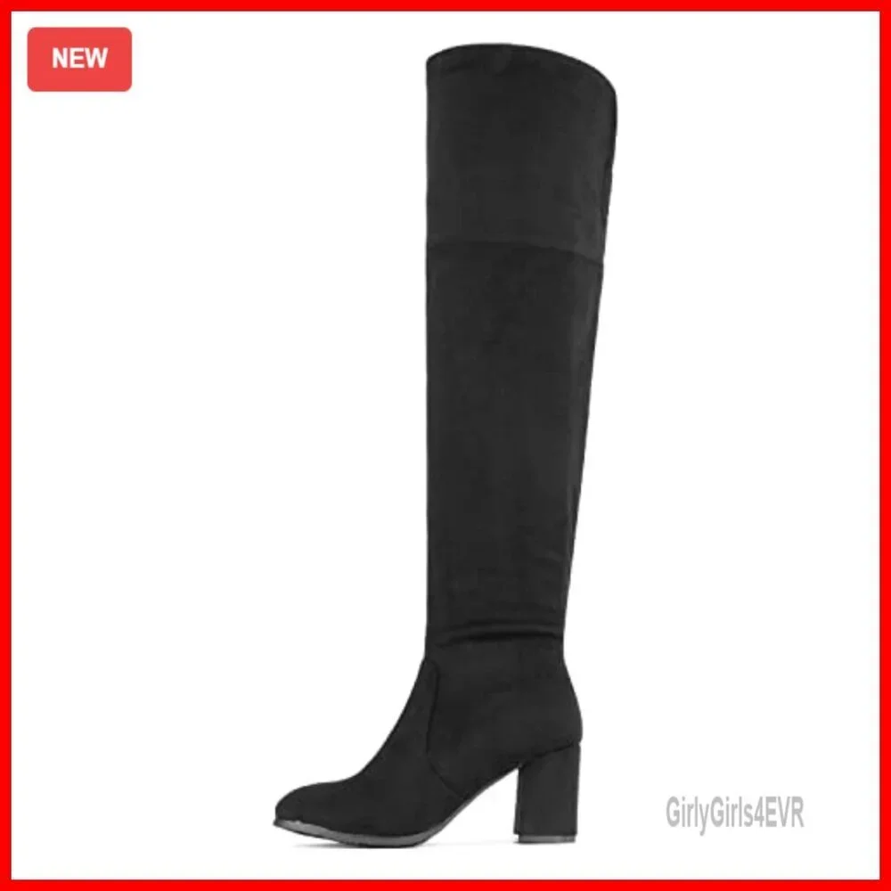Stretch Microsuede Thigh High Over Knee Boots Block Heel